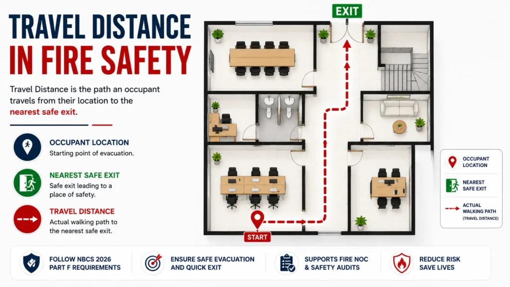 Travel distance in fire safety showing actual walking path from occupant location to nearest safe exit