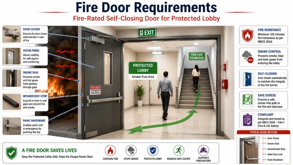 Fire-rated self-closing door protecting a protected lobby by preventing smoke and fire from reaching the fire exit staircase.