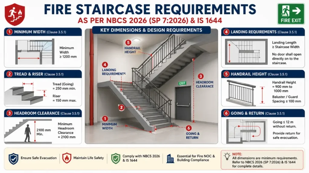 Fire Staircase Requirements diagram showing minimum width, tread, riser, landing, handrail and headroom clearance as per NBCS 2026 and IS 1644.