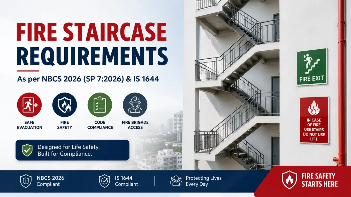 Fire Staircase Requirements in India as per NBCS 2026 and IS 1644 showing a compliant fire escape staircase for safe evacuation and fire safety compliance.