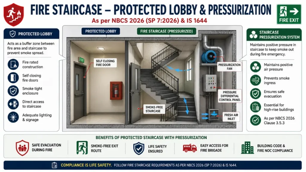 Fire Staircase Requirements showing Protected Lobby, Fire Door and Staircase Pressurization System as per NBCS 2026 and IS 1644 for smoke-free safe evacuation.
