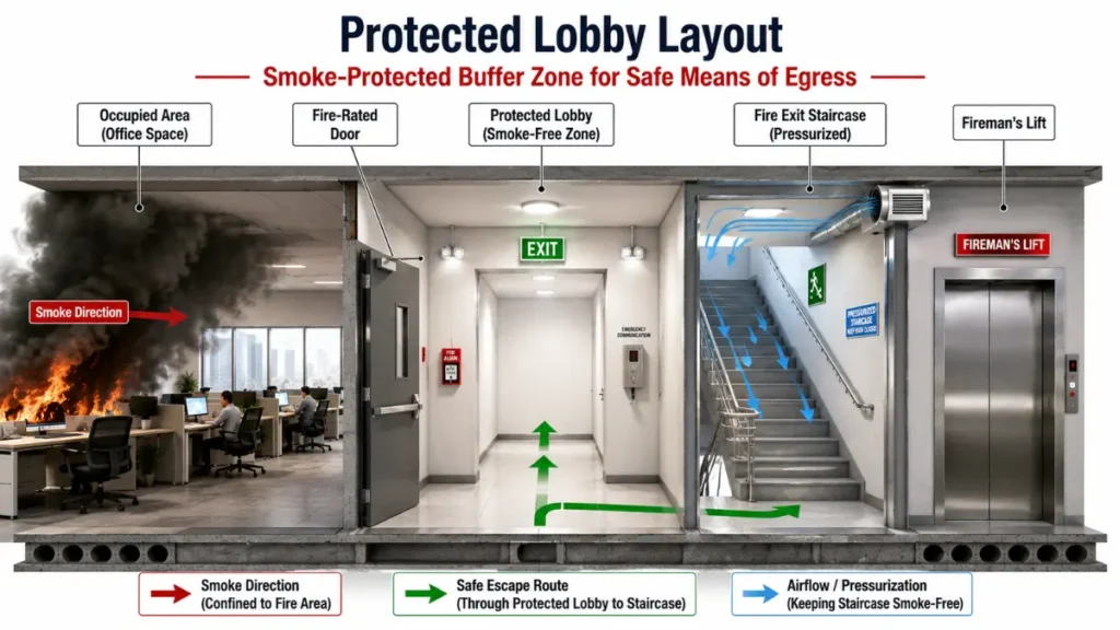 Protected Lobby layout showing occupied area, fire-rated door, protected lobby, fire exit staircase and fireman's lift for safe evacuation.