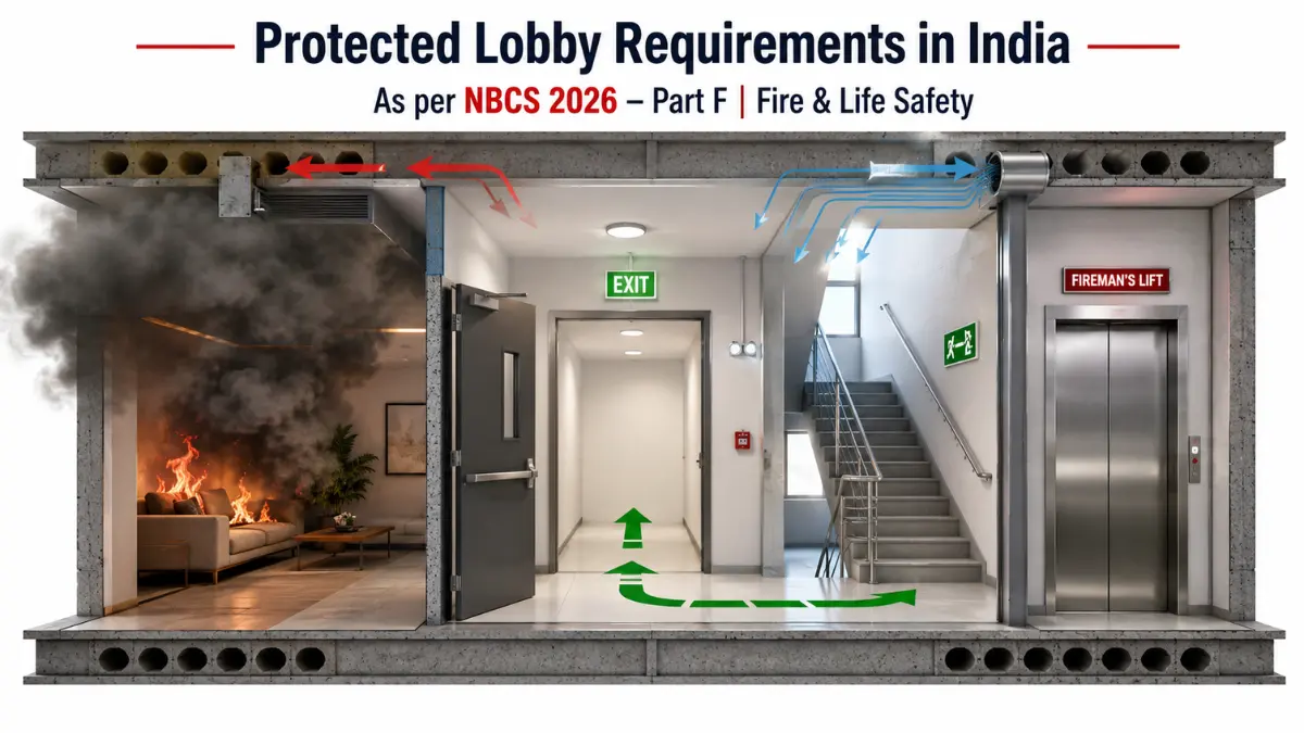 Protected Lobby Requirements in India showing a smoke-protected lobby between the occupied area and fire exit staircase as per NBCS 2026.