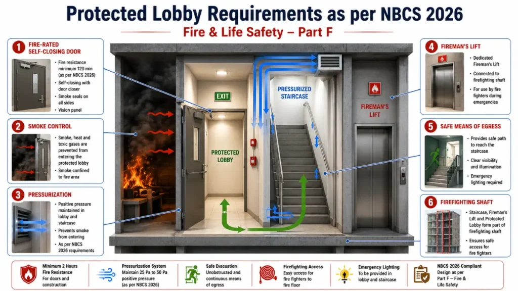 Protected Lobby requirements as per NBCS 2026 showing fire-rated door, smoke control, pressurization, fireman's lift, safe means of egress and firefighting shaft.