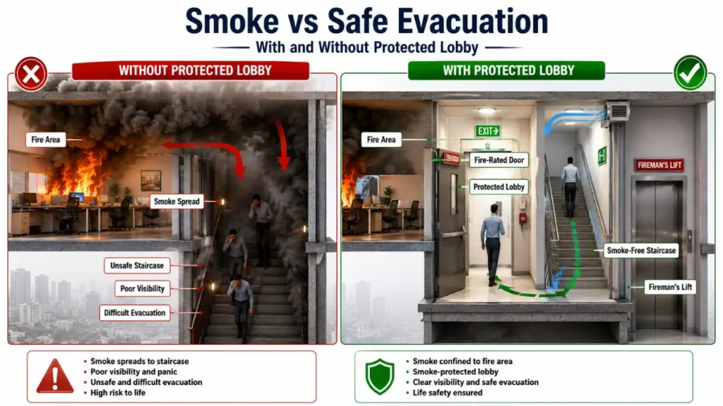 Smoke vs safe evacuation comparison showing fire smoke spreading without a protected lobby and a smoke-free evacuation route with a protected lobby.