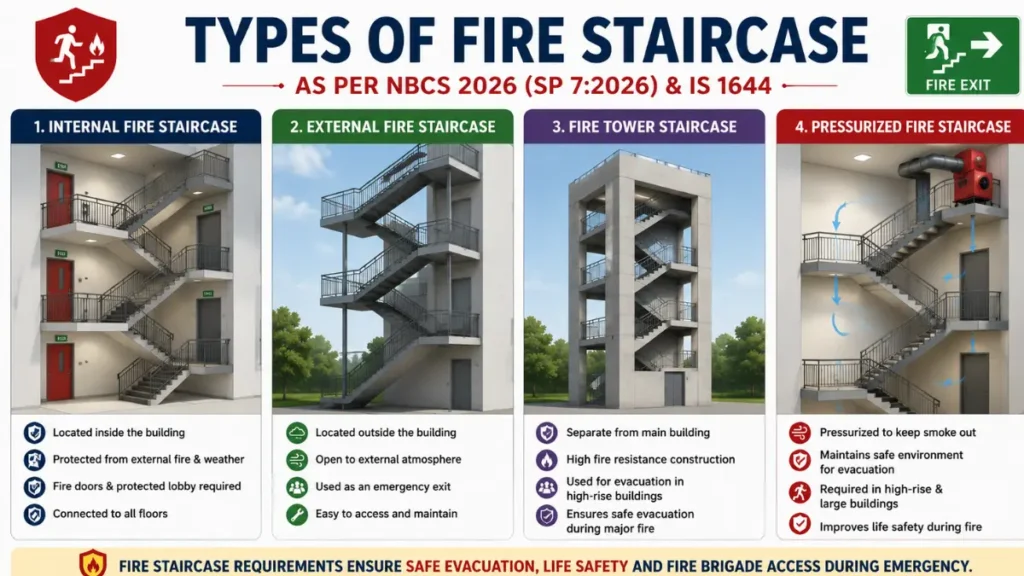 Types of Fire Staircase Requirements in India showing Internal, External, Fire Tower and Pressurized Fire Staircase as per NBCS 2026 and IS 1644.