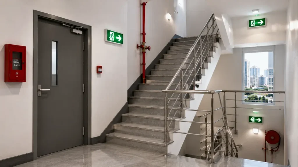 Fire Exit Staircase inside a Firefighting Shaft with fire-resistant door, emergency exit signs and wet riser system in a high-rise building.