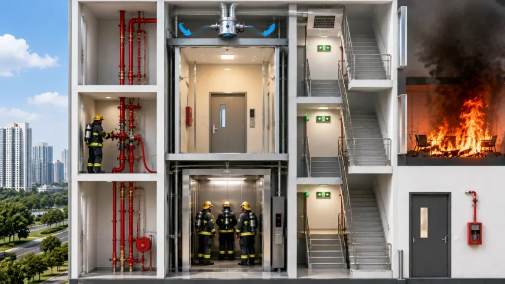 Firefighting Shaft components showing Fireman's Lift, Protected Lobby, Fire Exit Staircase, Wet Riser System, Landing Valve and Smoke Control System in a high-rise building.