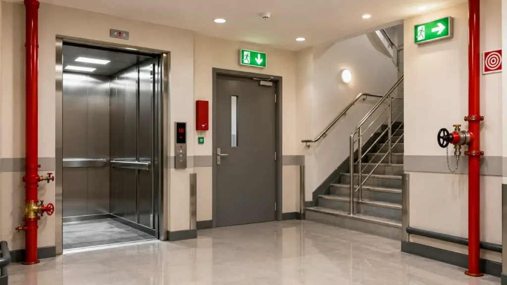 Protected Lobby with Fireman's Lift, Fire Exit Staircase and Wet Riser System inside a Firefighting Shaft in a high-rise building.
