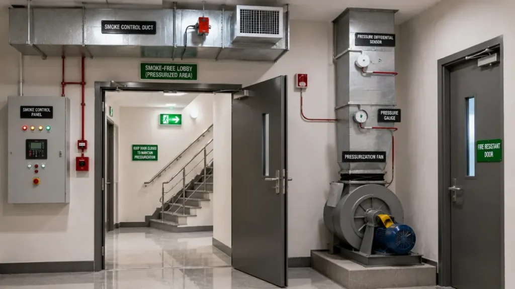 Smoke Control and Pressurization System inside a Firefighting Shaft showing pressurization fan, smoke control duct, protected lobby and fire resistant door in a high-rise building.