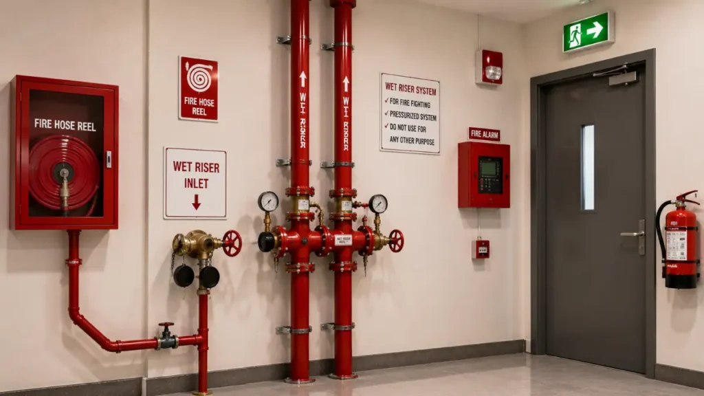 Wet Riser System and Landing Valve inside a Firefighting Shaft in a modern high-rise building with fire hose reel and fire alarm system.