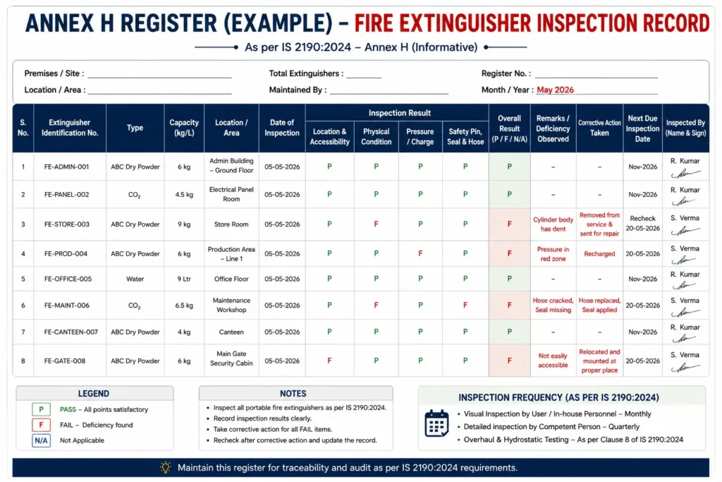Fire extinguisher inspection register based on IS 2190:2024 Annex H