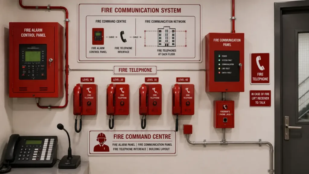 Fire Communication System inside a Firefighting Shaft showing fire alarm control panel, fire communication panel, fire telephones and fire command centre in a high-rise building.