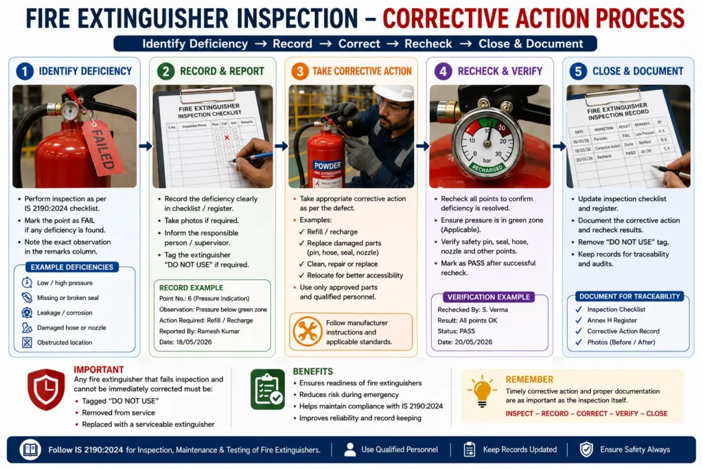 Fire extinguisher inspection corrective action process from identifying defects to recheck and record closure