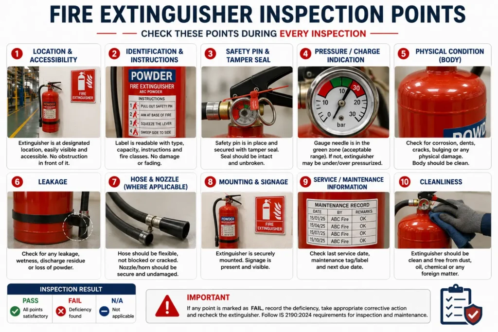 Fire extinguisher inspection points including location, safety pin, pressure, physical condition, hose and maintenance