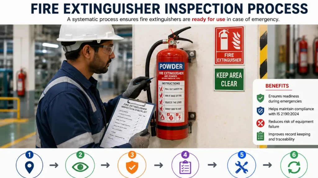 Fire extinguisher inspection process showing visual checks, safety components, recording and corrective action