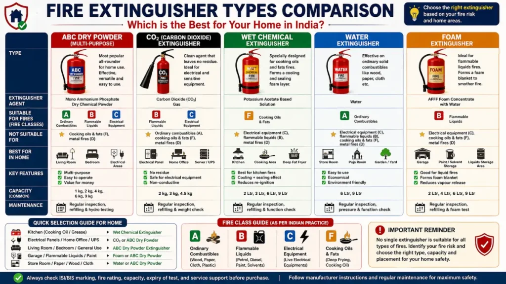 Best Fire Extinguisher for Home India – ABC, CO2, Wet Chemical, Water and Foam comparison