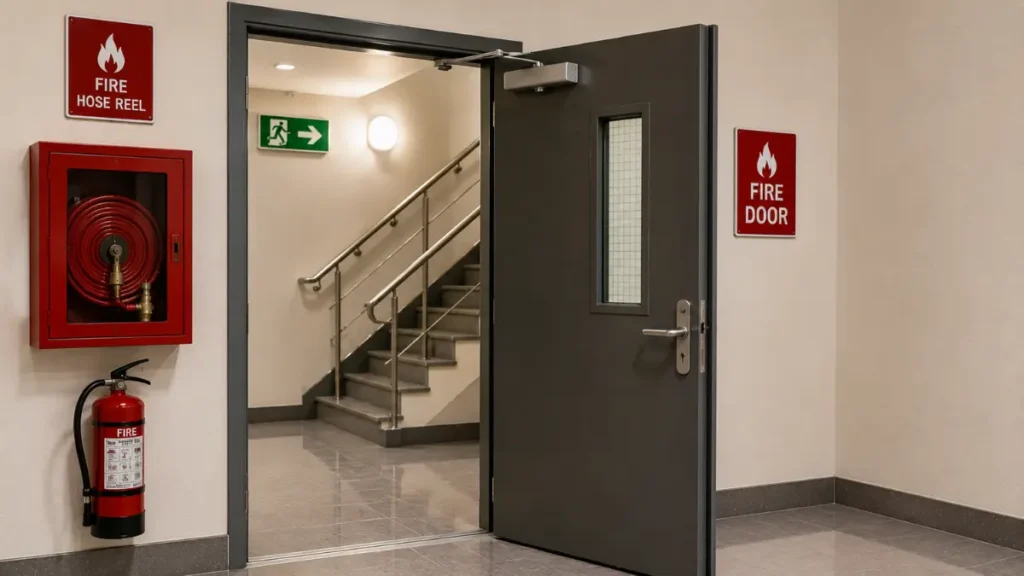 Fire Resistant Door installed inside a Firefighting Shaft showing protected lobby, fire exit staircase and self-closing fire-rated door in a high-rise building.