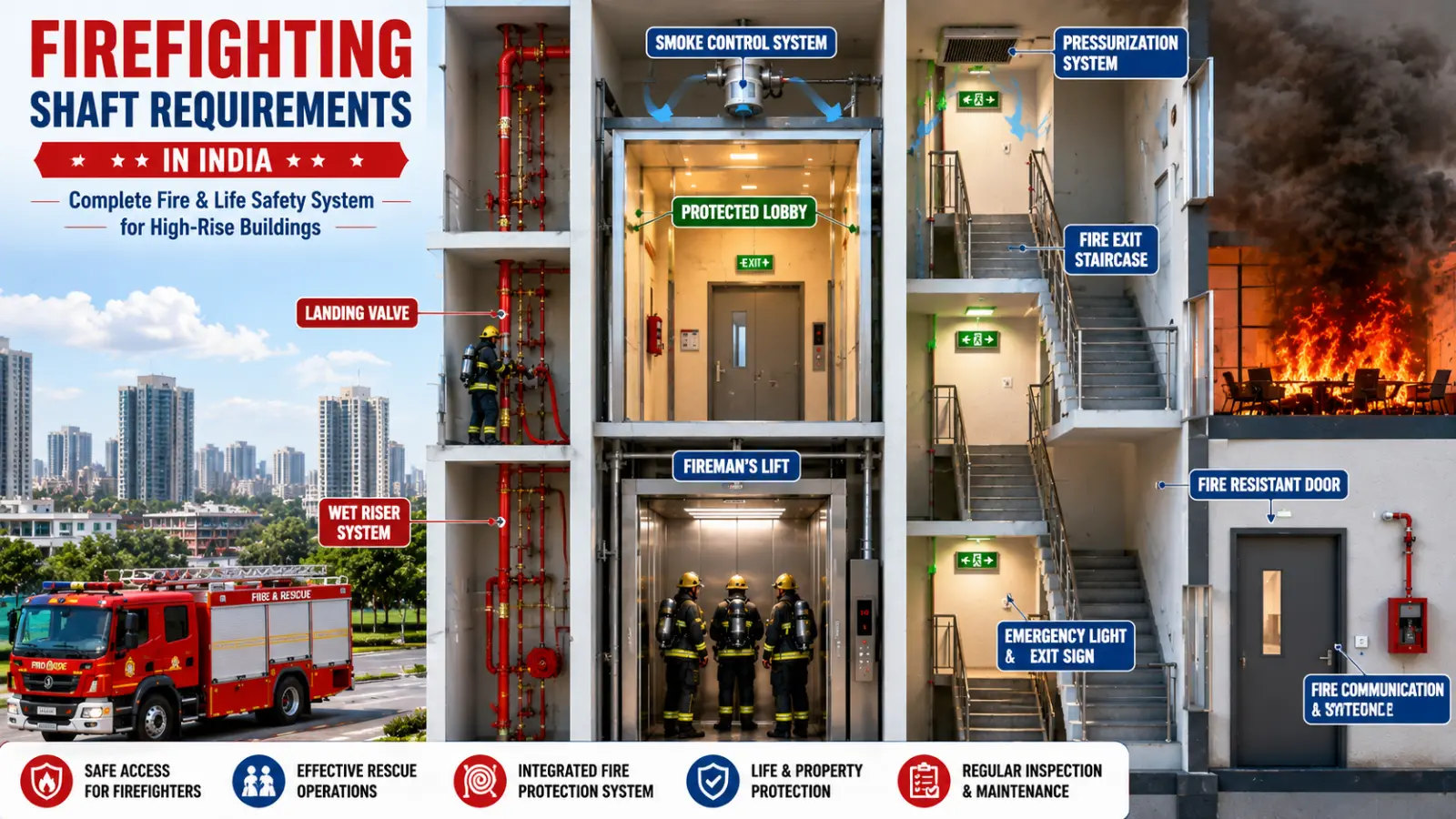 Firefighting Shaft Requirements in India showing Protected Lobby, Fireman's Lift, Fire Exit Staircase, Wet Riser System, Landing Valve, Smoke Control System and Pressurization System in a high-rise building.