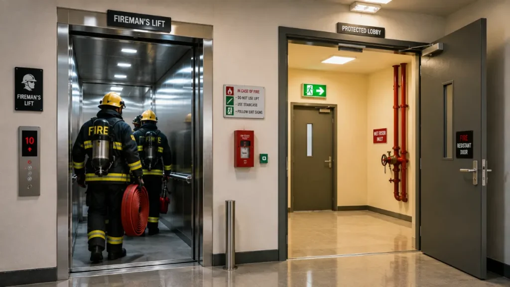 Fireman's Lift inside a Firefighting Shaft with Protected Lobby in a modern high-rise building.