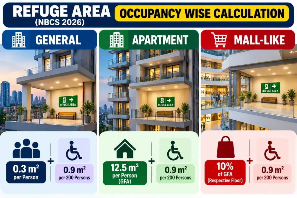 Refuge Area Size comparison for general apartment and mall-like occupancy
